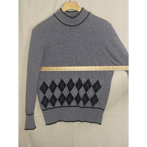 Vintage Jaeger Gray Lambs Wool Mock Neck Sweater Women Medium Argyle Dk Academia - Picture 2 of 7